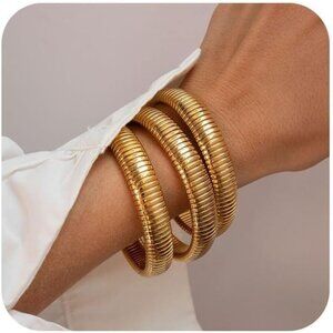 Gold Bangles Set 3 Chunky Stretch 24K Gold Plated Stainless Steel Wide Stack